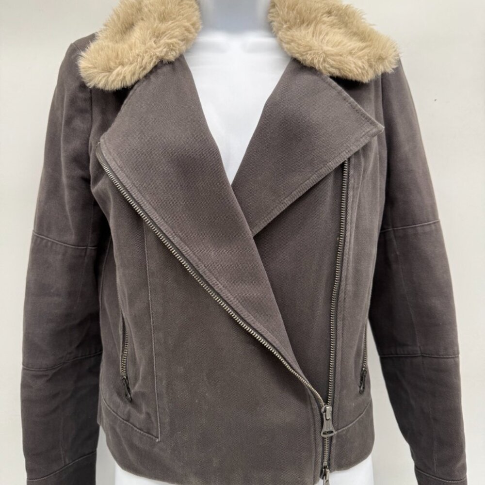 Club Monaco Gray Faux Fur Collar Asymmetrical Zip Moto Jacket Sheerling style
